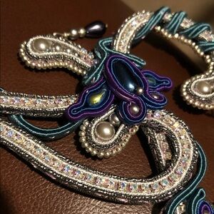 Elegant Soutache Blue and Silver Statement Necklace